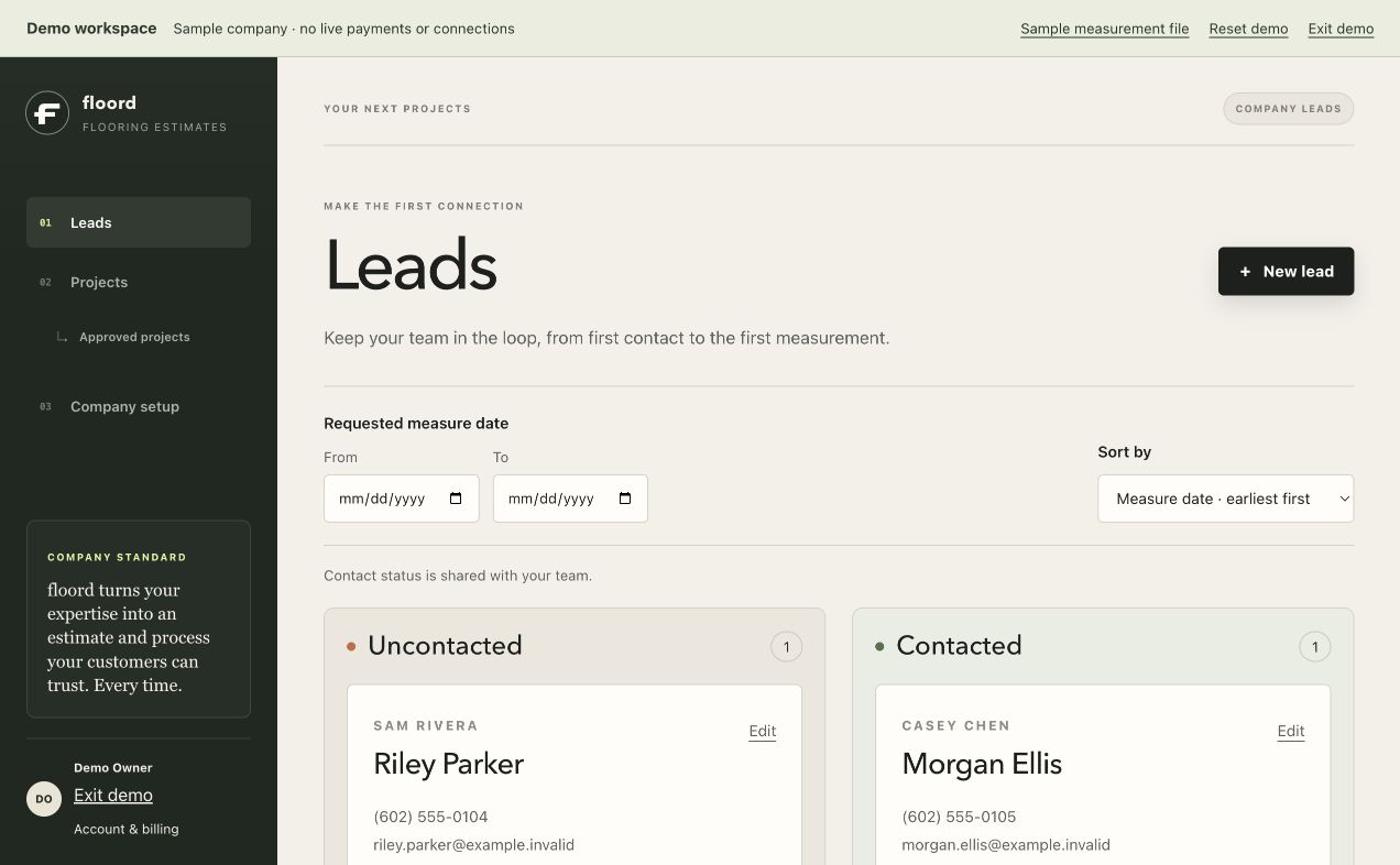 floord Leads page with leads organized by contact status.